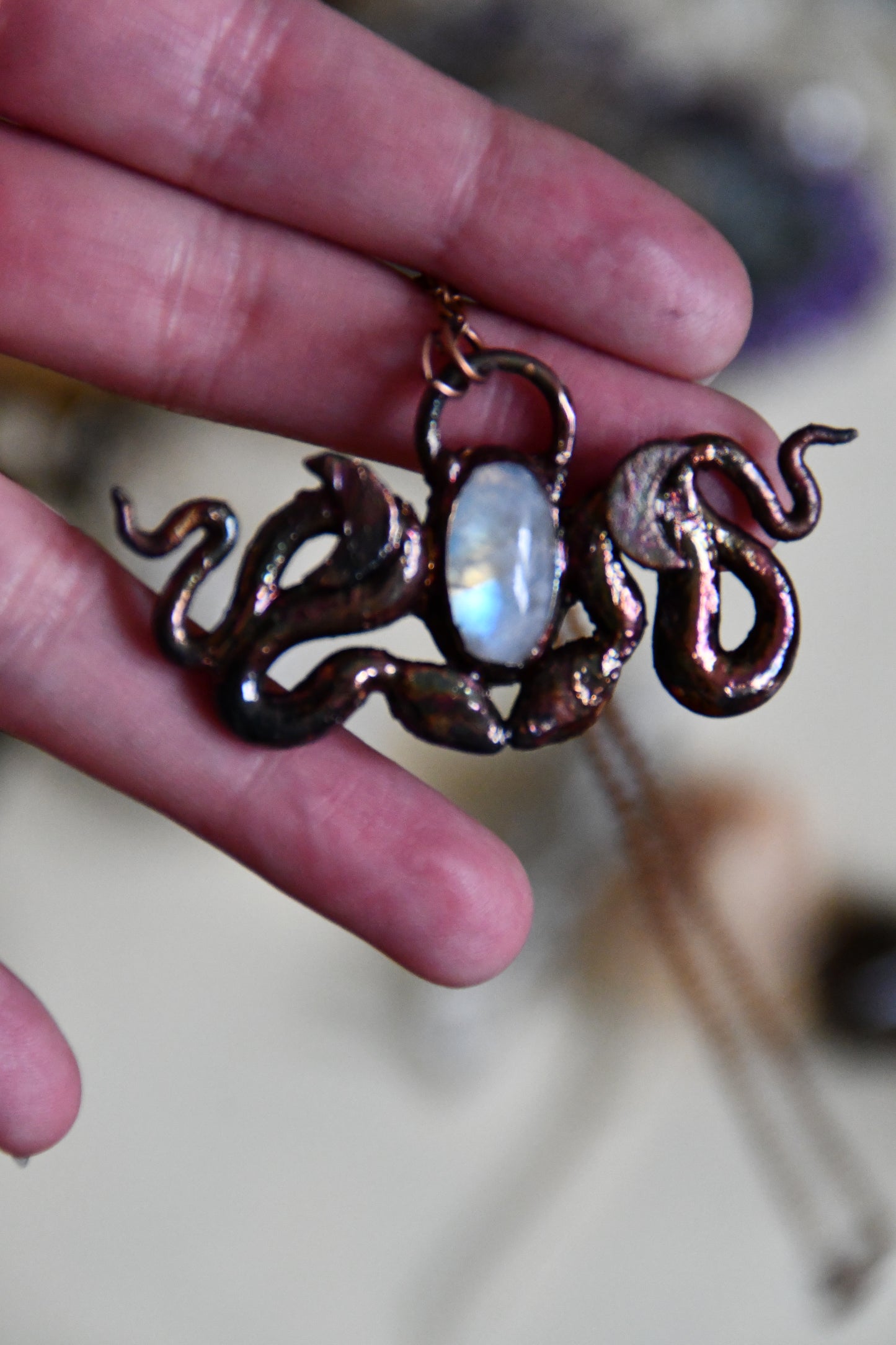 Copper Snake and Moonstone Pendant