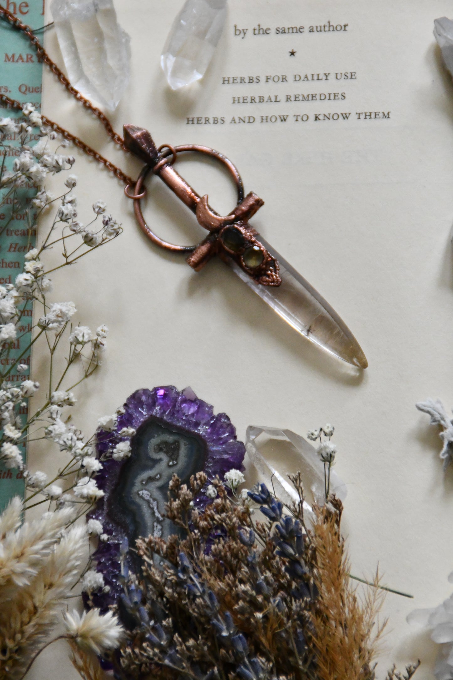 Rutilated Quartz Sword Copper Necklace with Smokey Quartz and Citrine