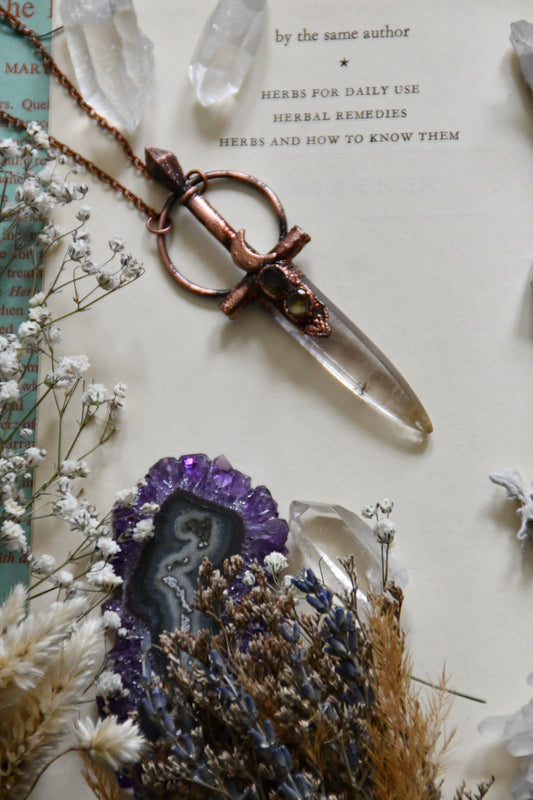 Rutilated Quartz Sword Copper Necklace with Smokey Quartz and Citrine