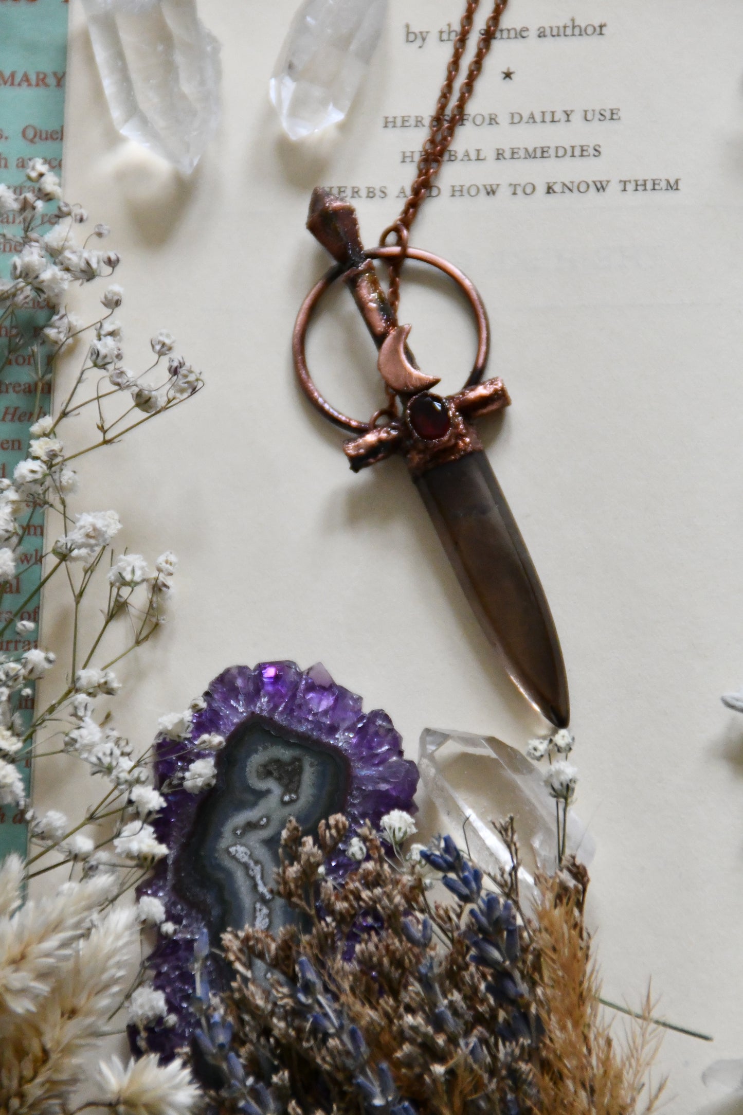 Smokey Quartz Sword Copper Necklace with Garnet