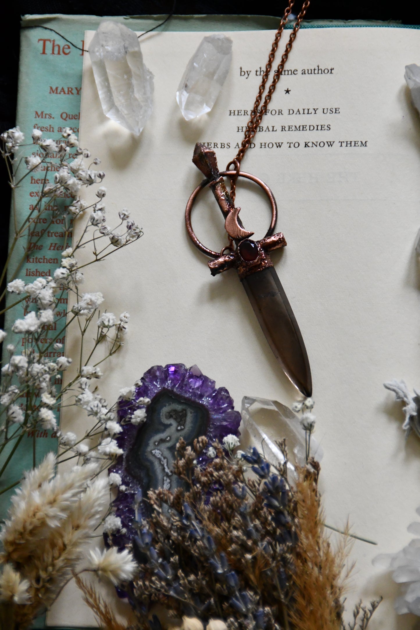 Smokey Quartz Sword Copper Necklace with Garnet