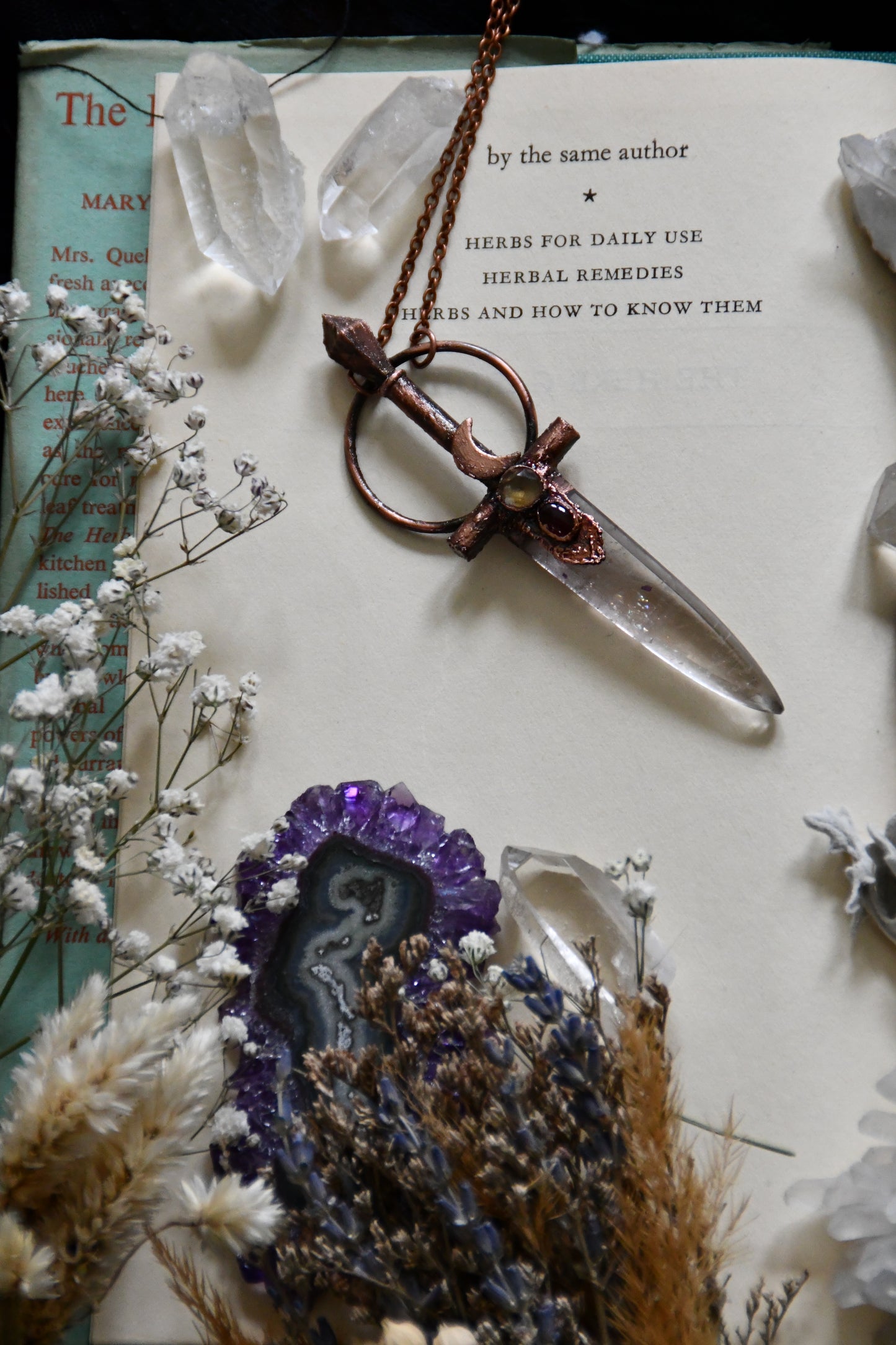 Rutilated Quartz Copper Sword Necklace with Citrine and Garnet