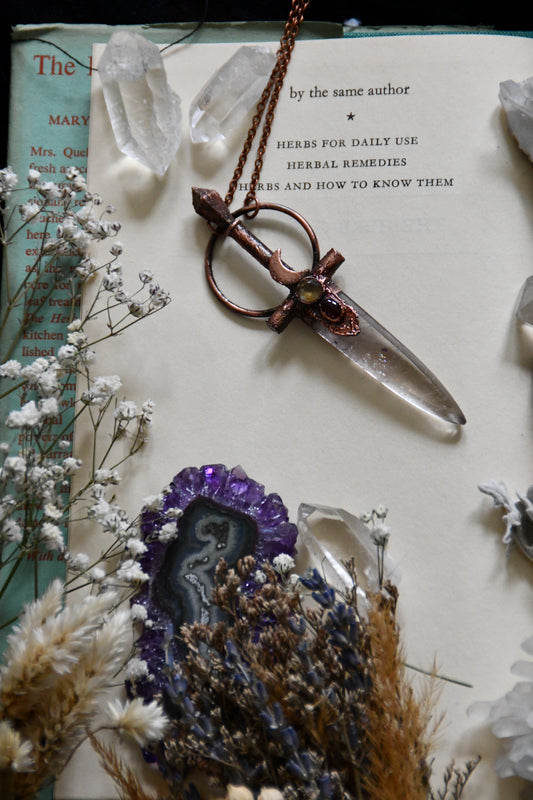 Rutilated Quartz Copper Sword Necklace with Citrine and Garnet