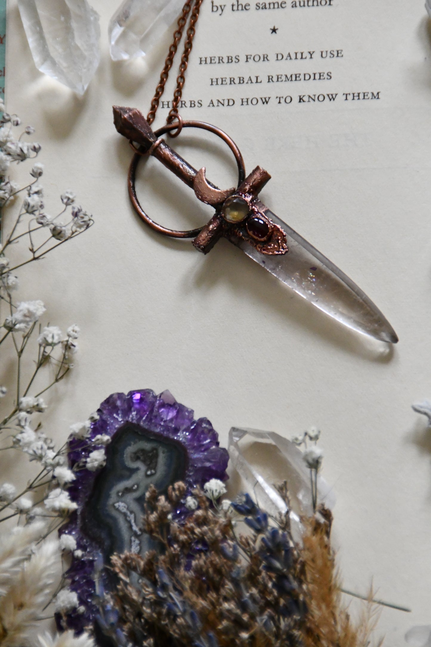 Rutilated Quartz Copper Sword Necklace with Citrine and Garnet