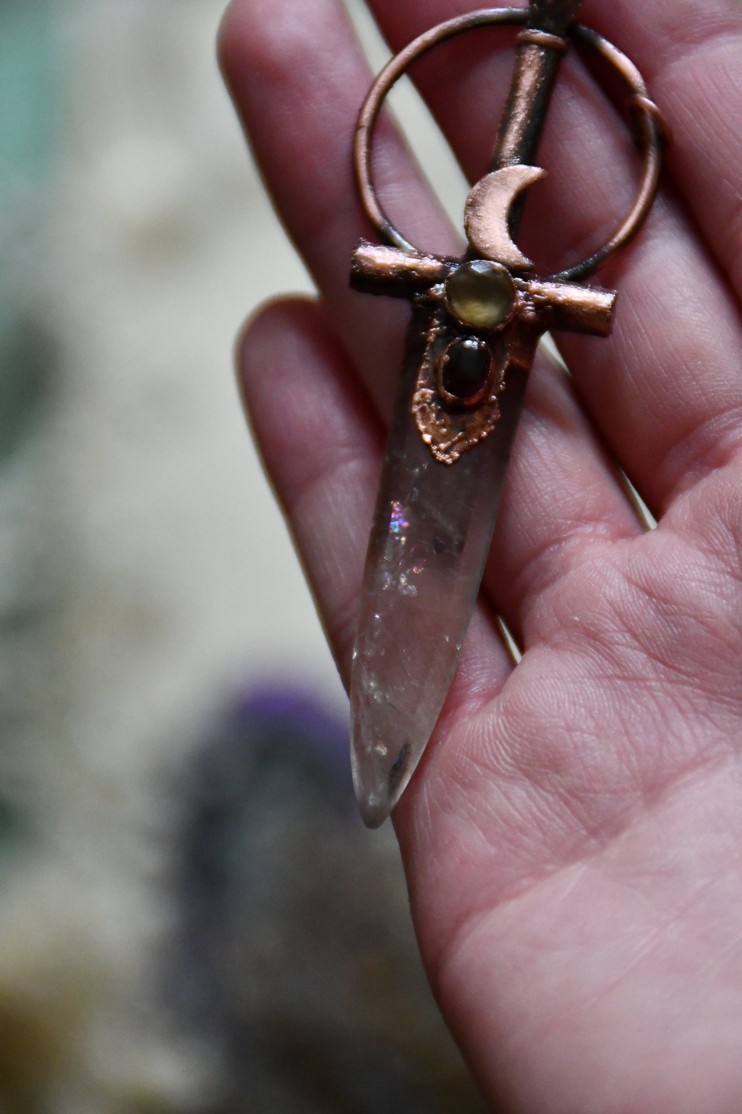 Rutilated Quartz Copper Sword Necklace with Citrine and Garnet