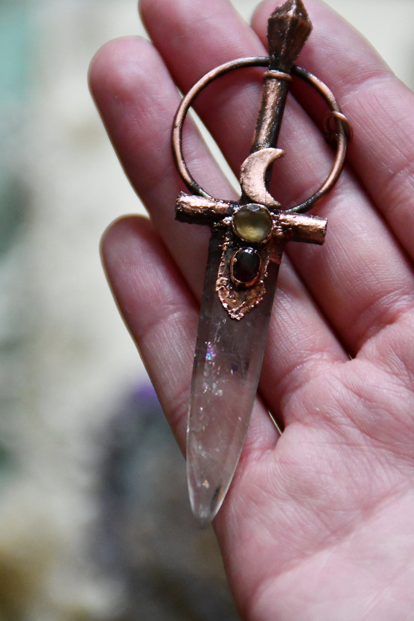 Rutilated Quartz Copper Sword Necklace with Citrine and Garnet