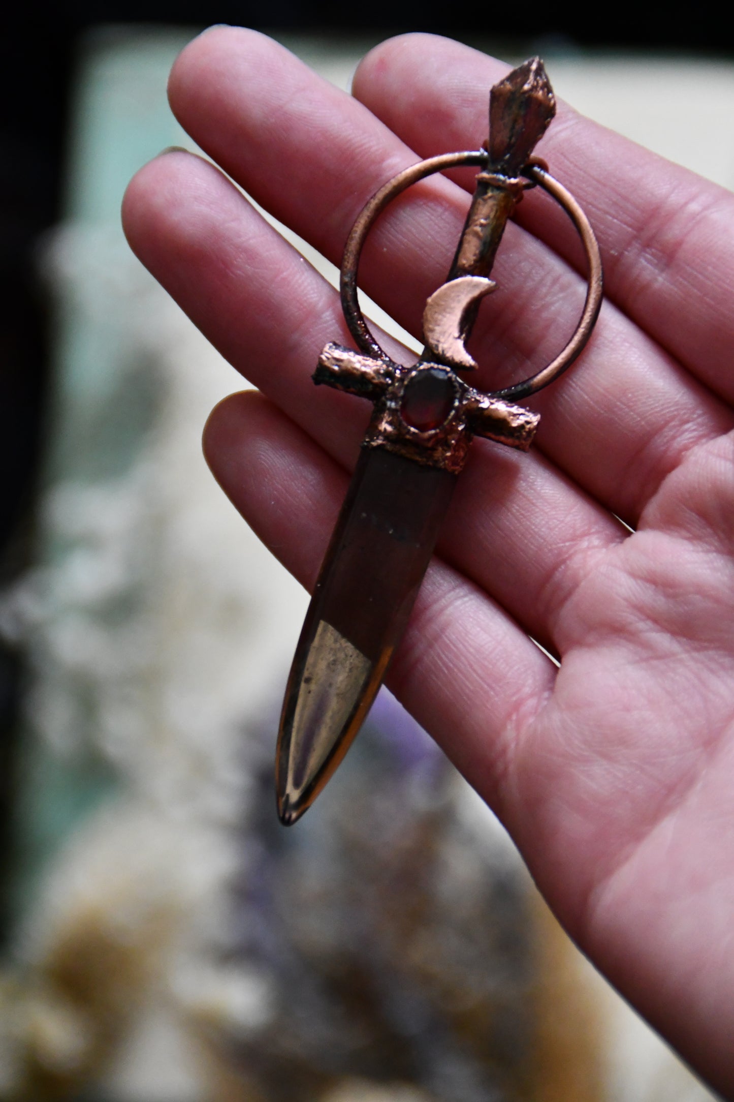 Smokey Quartz Sword Copper Necklace with Garnet