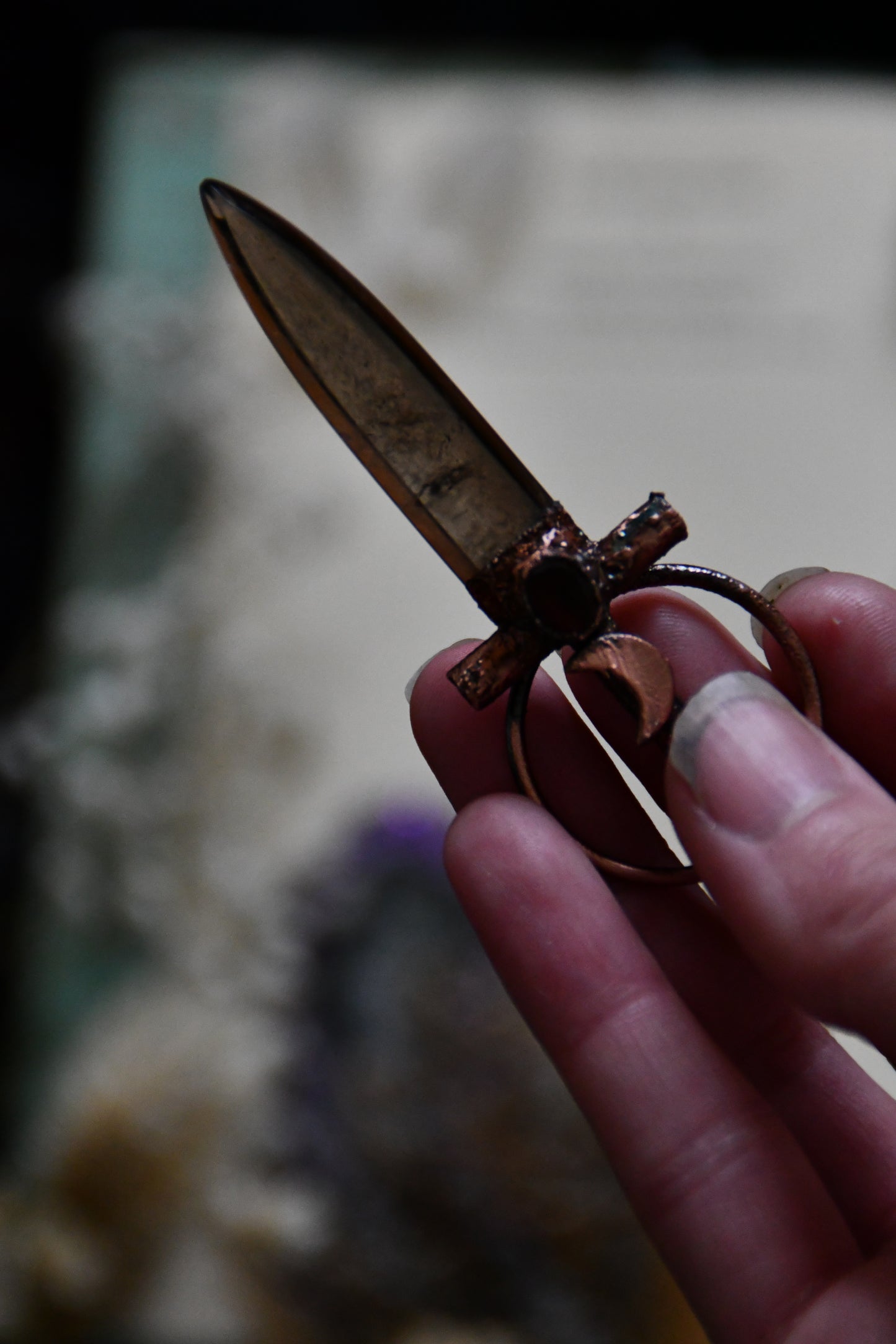 Smokey Quartz Sword Copper Necklace with Garnet