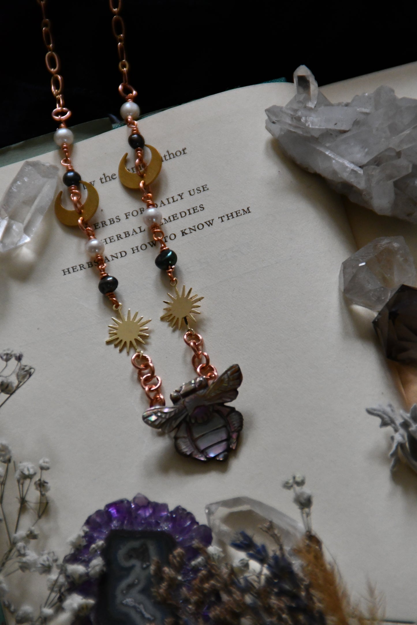 Abalone Bee Copper and Brass Choker Necklace with Fresh Water Pearls