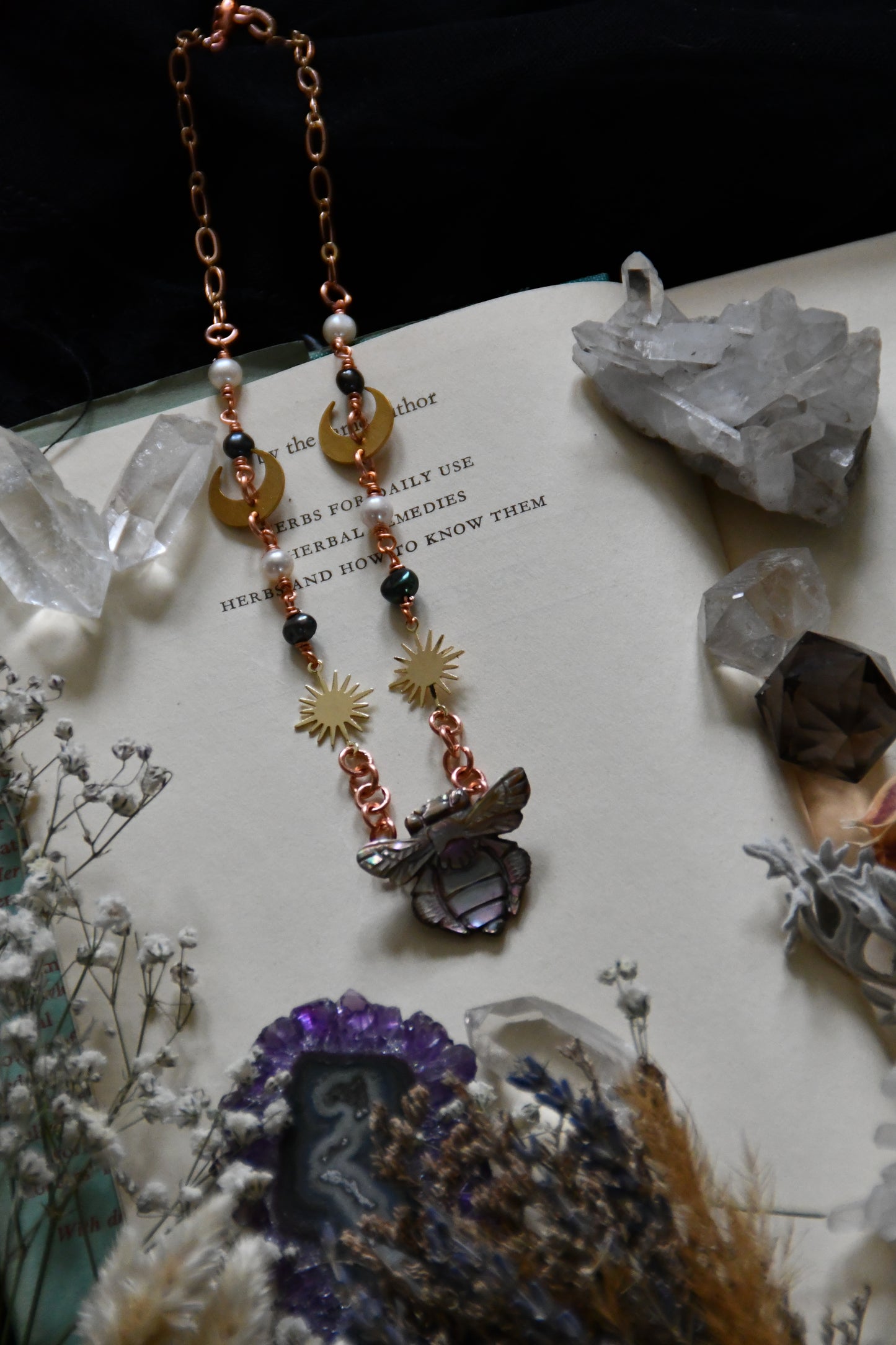 Abalone Bee Copper and Brass Choker Necklace with Fresh Water Pearls