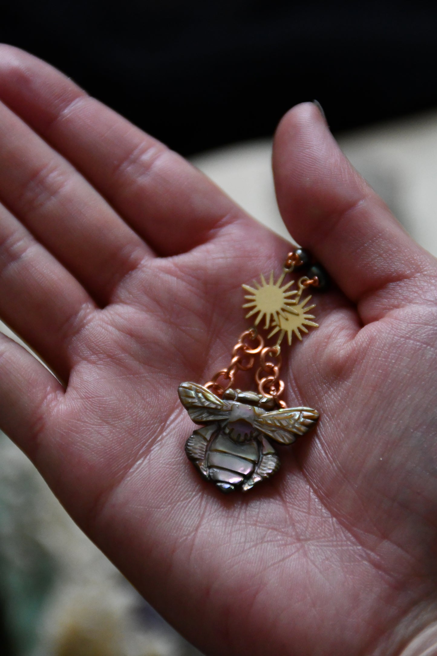 Abalone Bee Copper and Brass Choker Necklace with Fresh Water Pearls