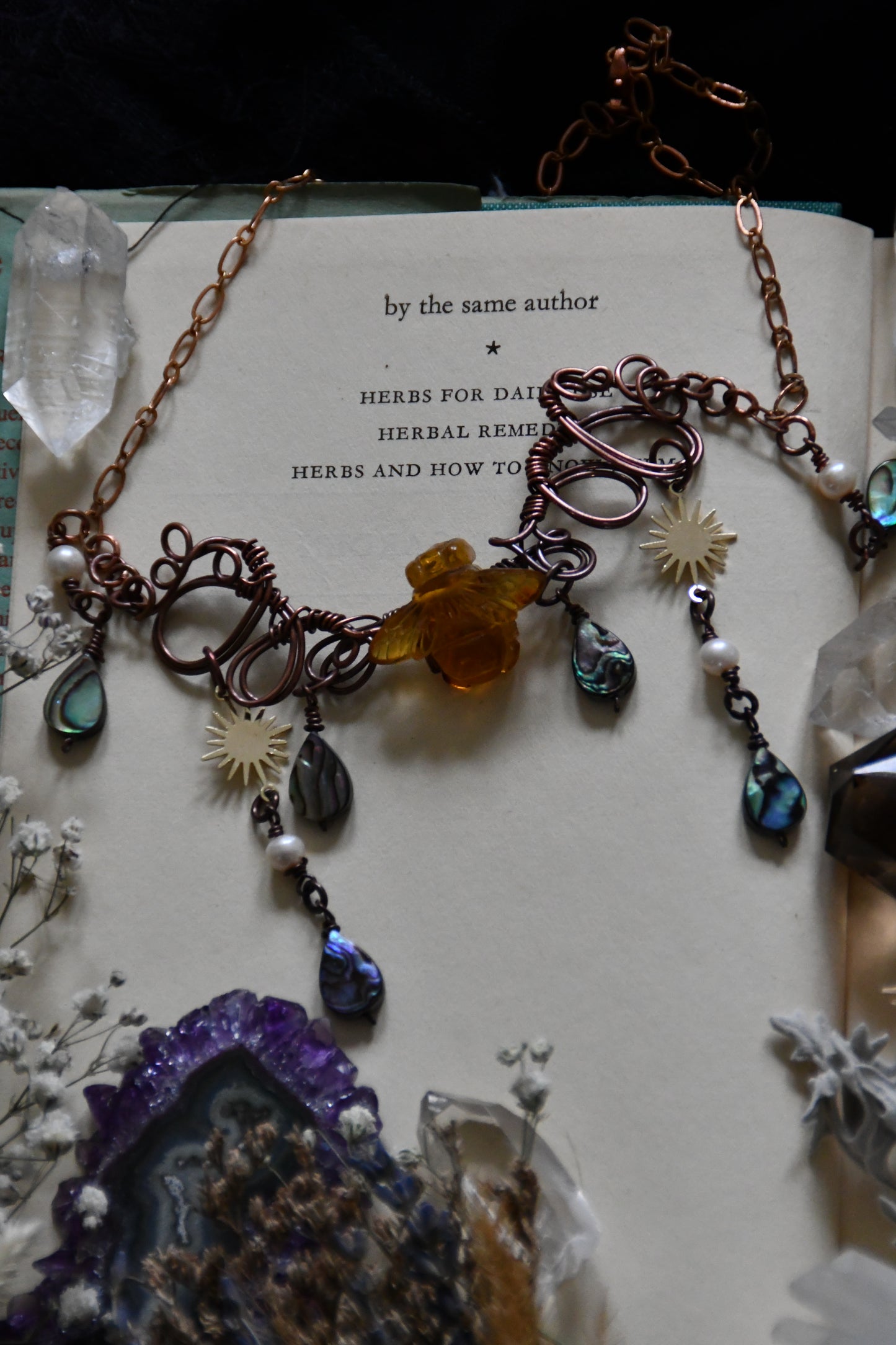 Copper Wire Wrapped Amber Bee Necklace with Fresh Water Pearls and Abalone