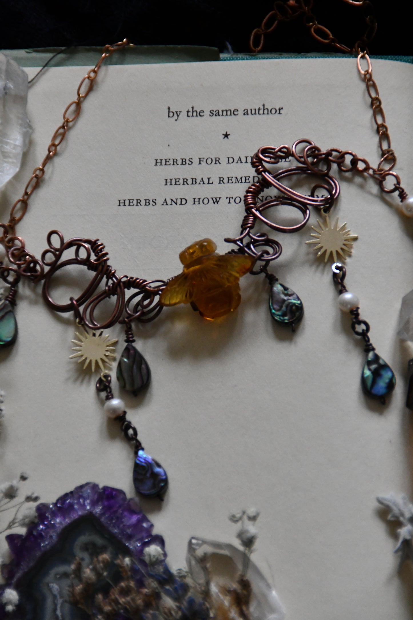 Copper Wire Wrapped Amber Bee Necklace with Fresh Water Pearls and Abalone