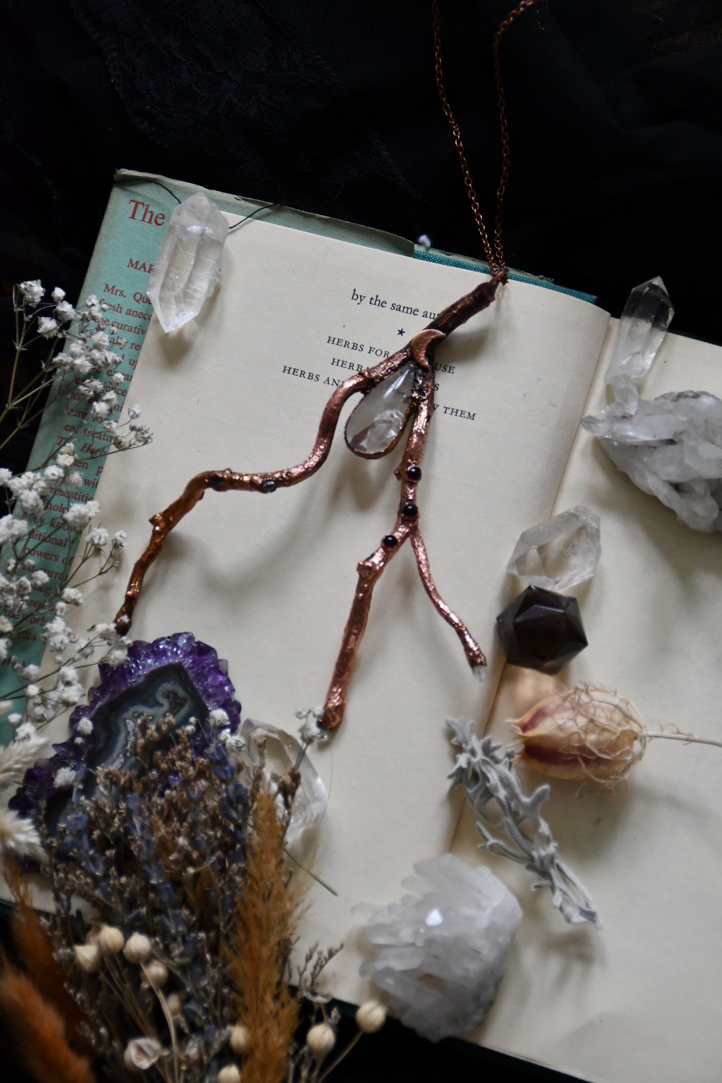 Large Twig and Manifestation Quartz Copper Statement Necklace