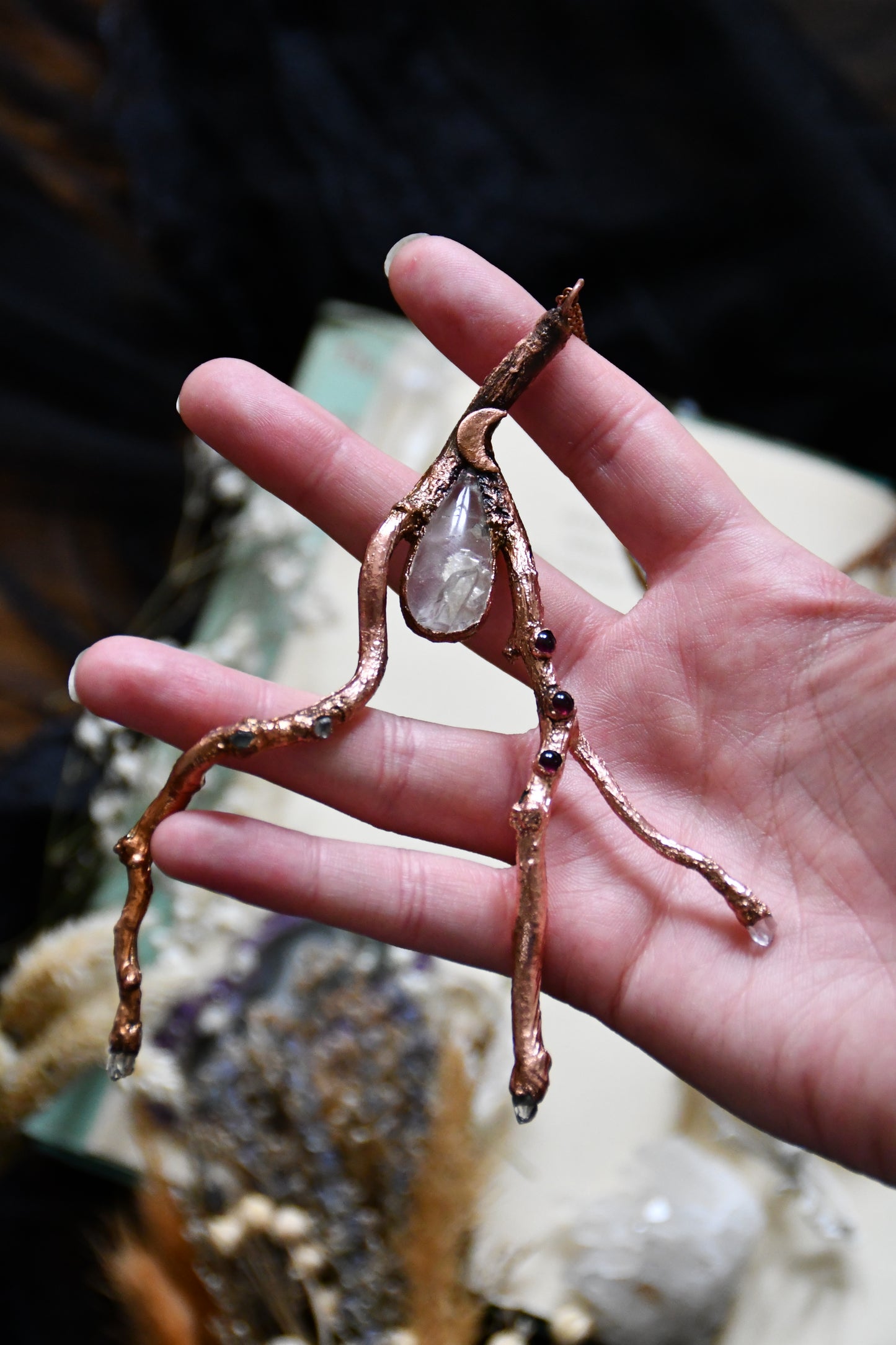 Large Twig and Manifestation Quartz Copper Statement Necklace