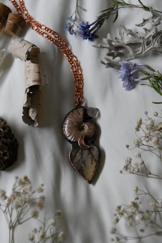 Dendritic Quartz with Ammonite and Herkimer Copper Necklace