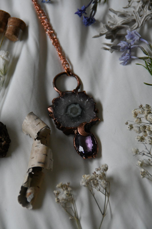 Amethyst Stalactite and Faceted Amethyst Copper Necklace
