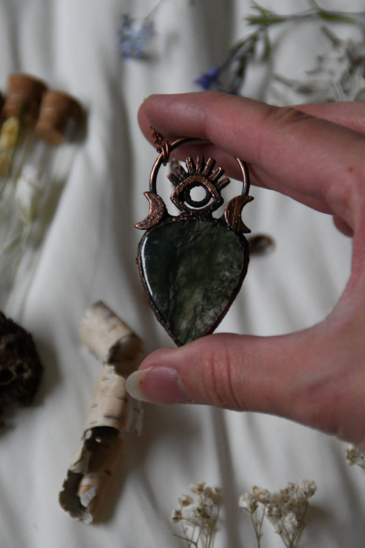 Moss Agate Protective Eye Copper Necklace