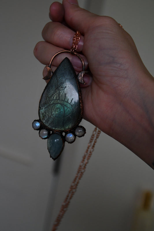 Protective Eye Engraved Labradorite with Aquamarine and Moonstone Copper Pendant