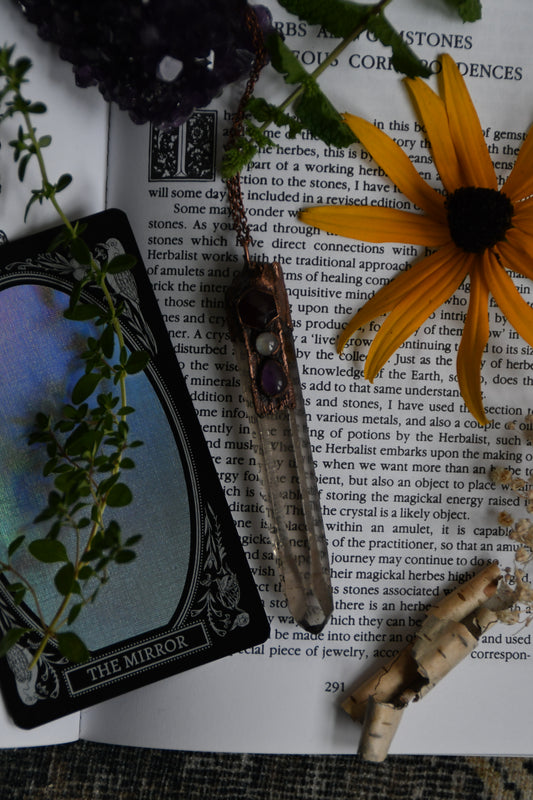 Relics: Smokey Quartz Singing Quartz with Garnet, Moonstone, and Amethyst Copper Necklace