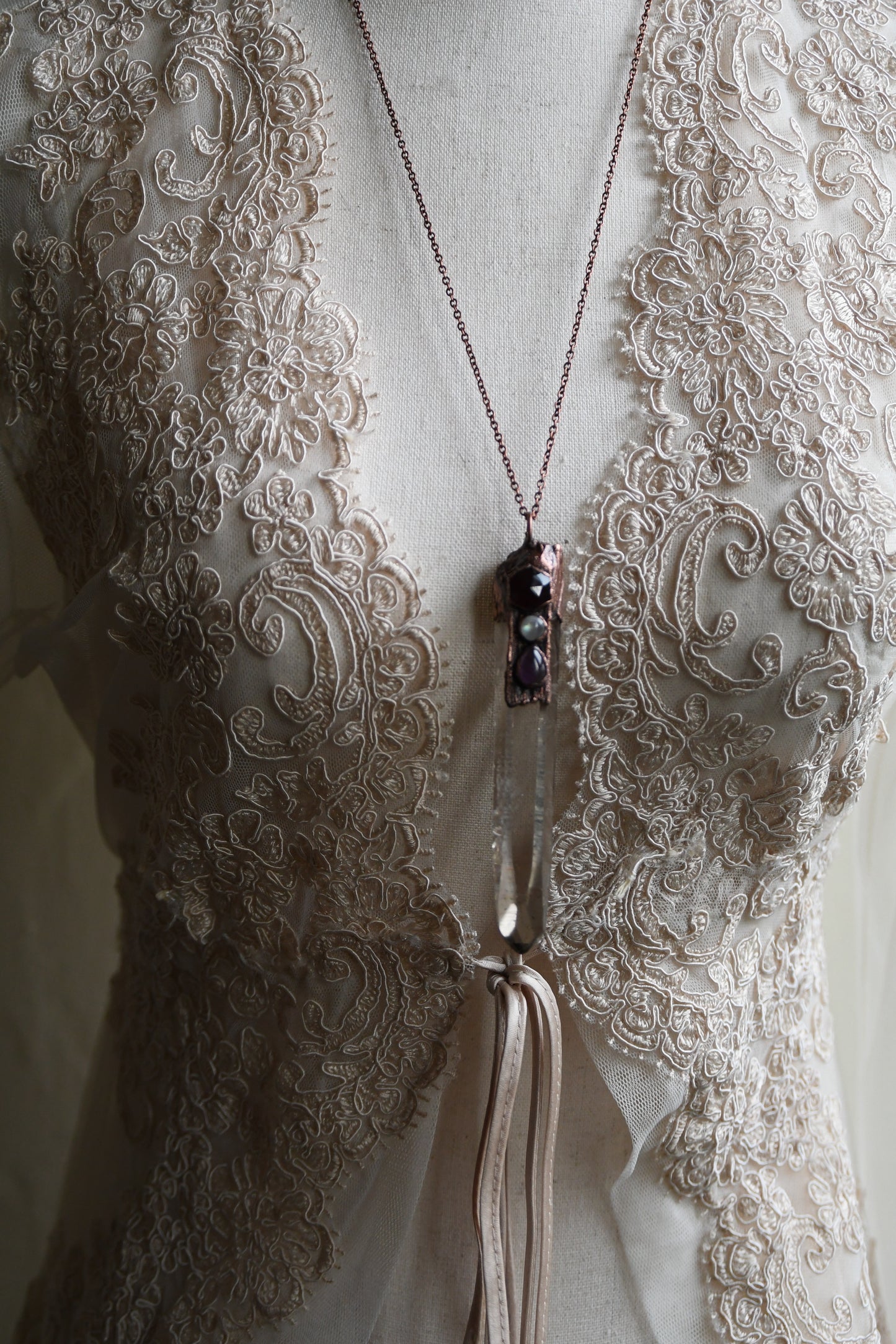 Relics: Smokey Quartz Singing Quartz with Garnet, Moonstone, and Amethyst Copper Necklace