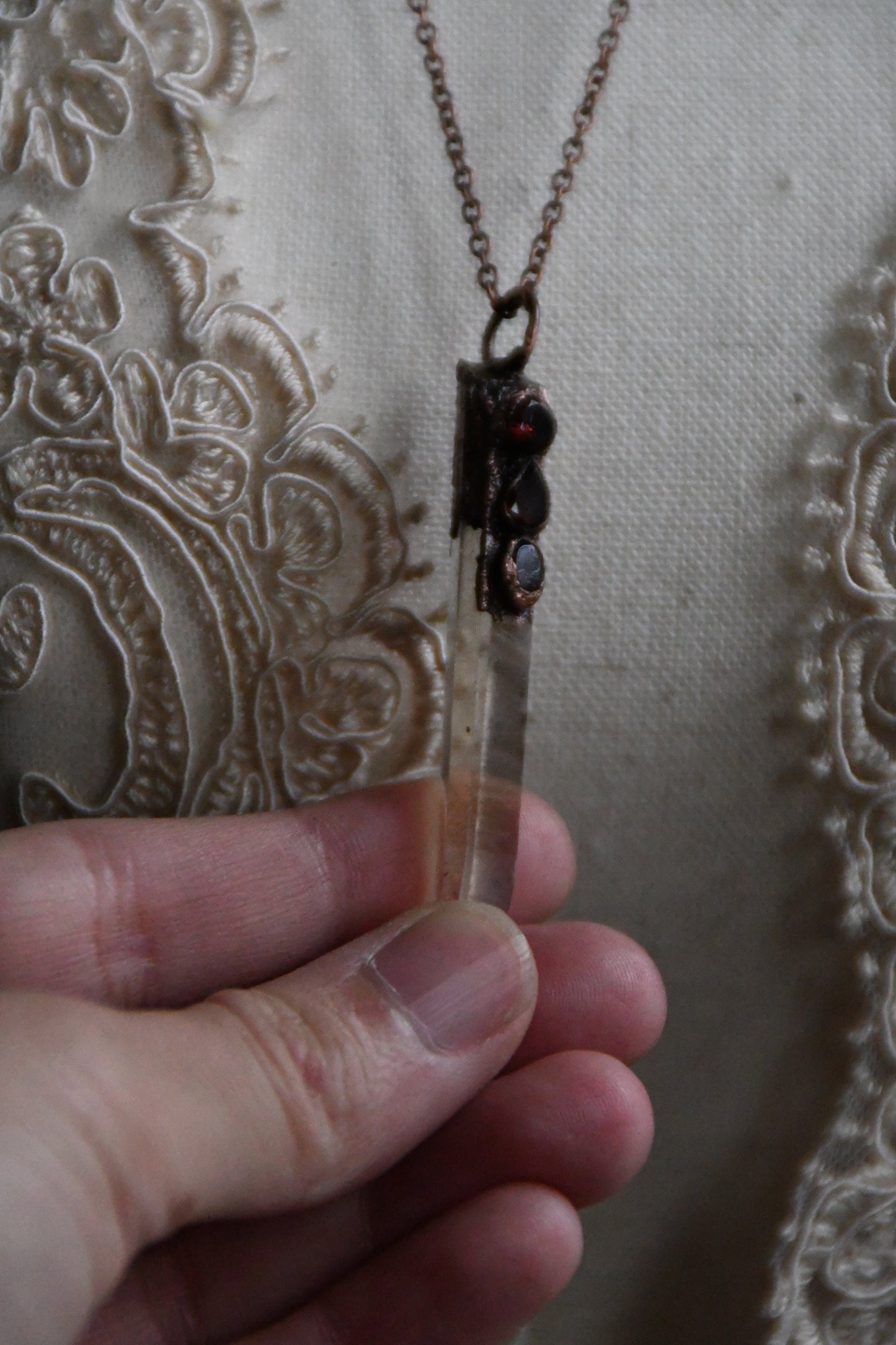 Relics: Smokey Quartz Singing Quartz with Garnet Copper Necklace