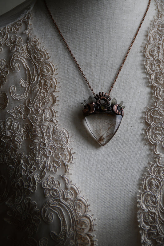 Relics: The Insight Seeker, Rutilated Quartz with Citrine and Garnet Copper Pendant