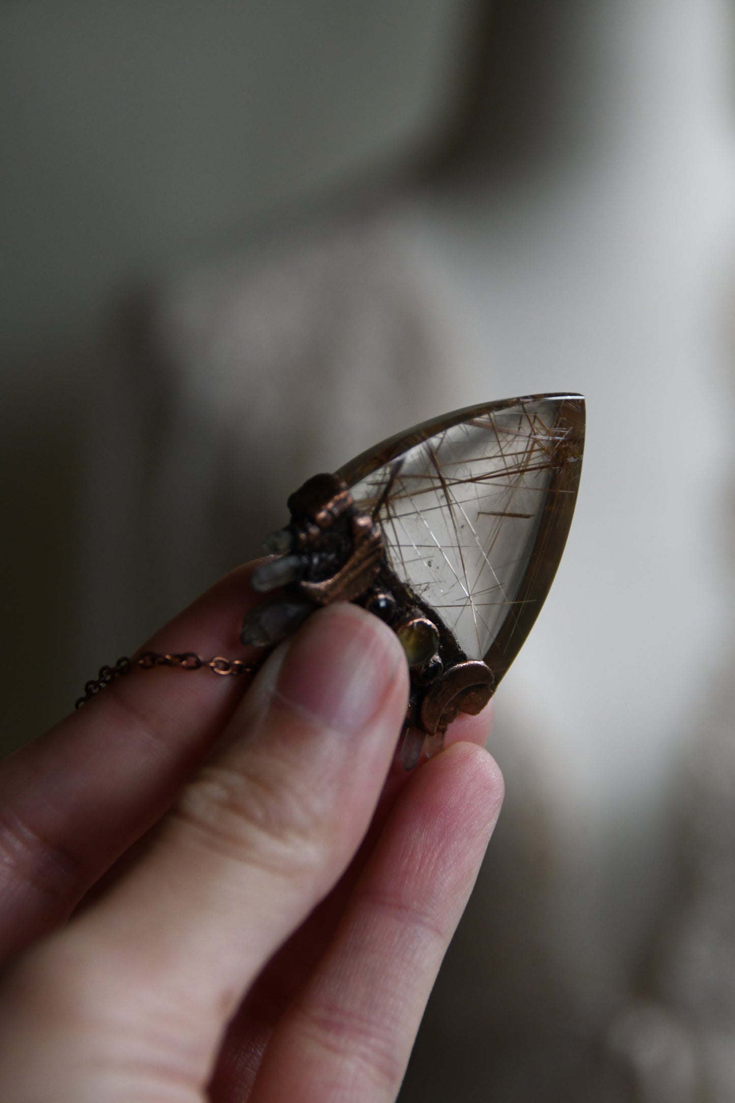 Relics: The Insight Seeker, Rutilated Quartz with Citrine and Garnet Copper Pendant