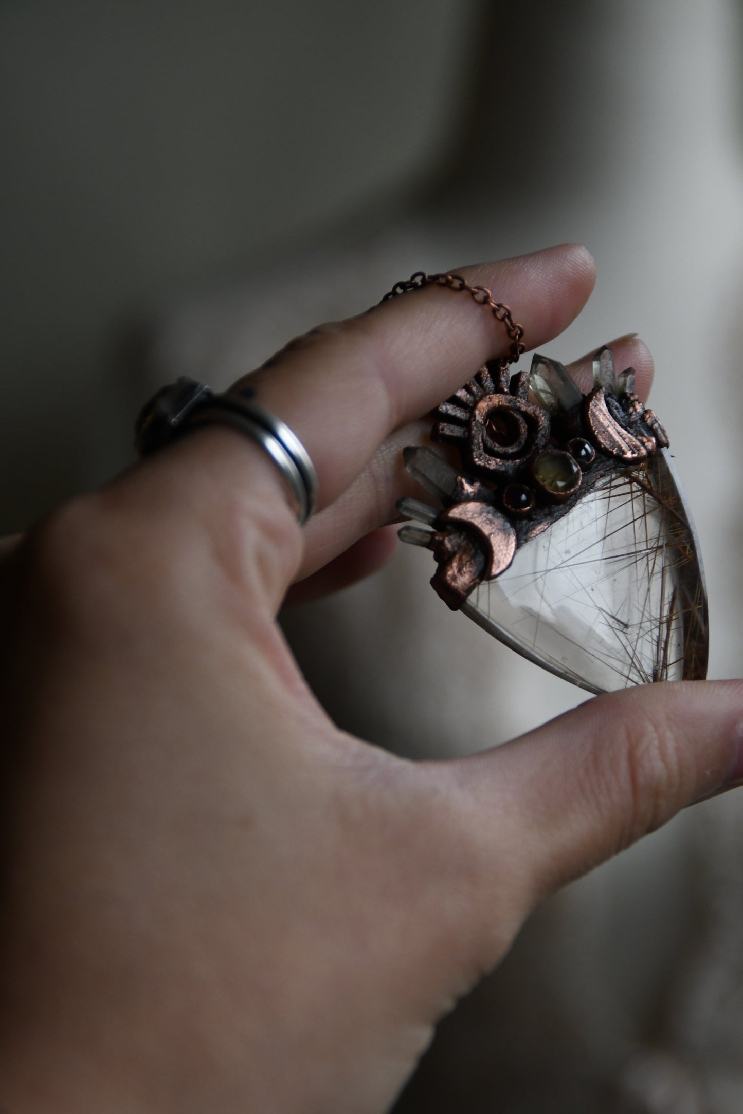 Relics: The Insight Seeker, Rutilated Quartz with Citrine and Garnet Copper Pendant