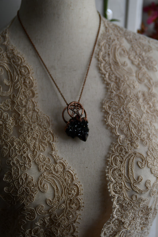 Ritual: Black Knight Aura Spirit Quartz with Garnet and Pentacle Copper Necklace
