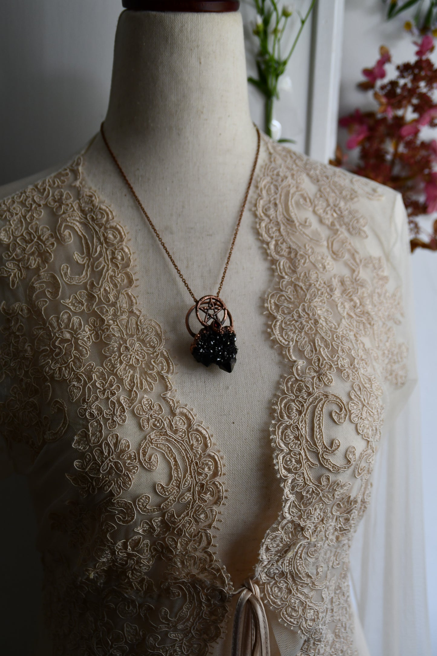 Ritual: Black Knight Aura Spirit Quartz with Garnet and Pentacle Copper Necklace