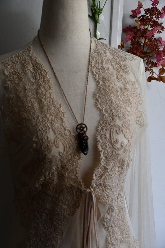 Ritual: Black Knight Aura Spirit Quartz with Garnet and Pentacle Copper Necklace