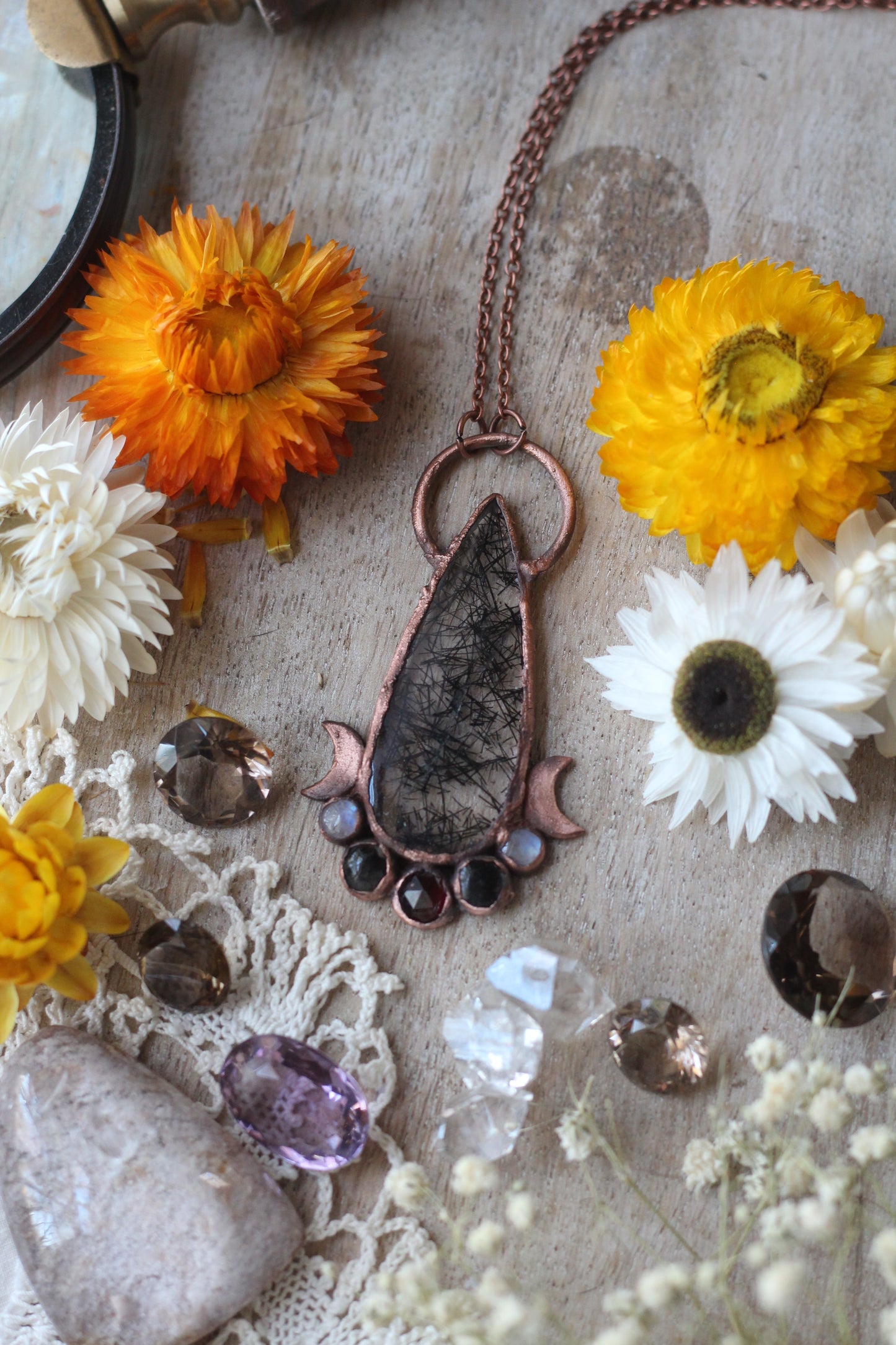 Valor: Tourmalinated Quartz with Garnet and Moonstone Copper Pendant