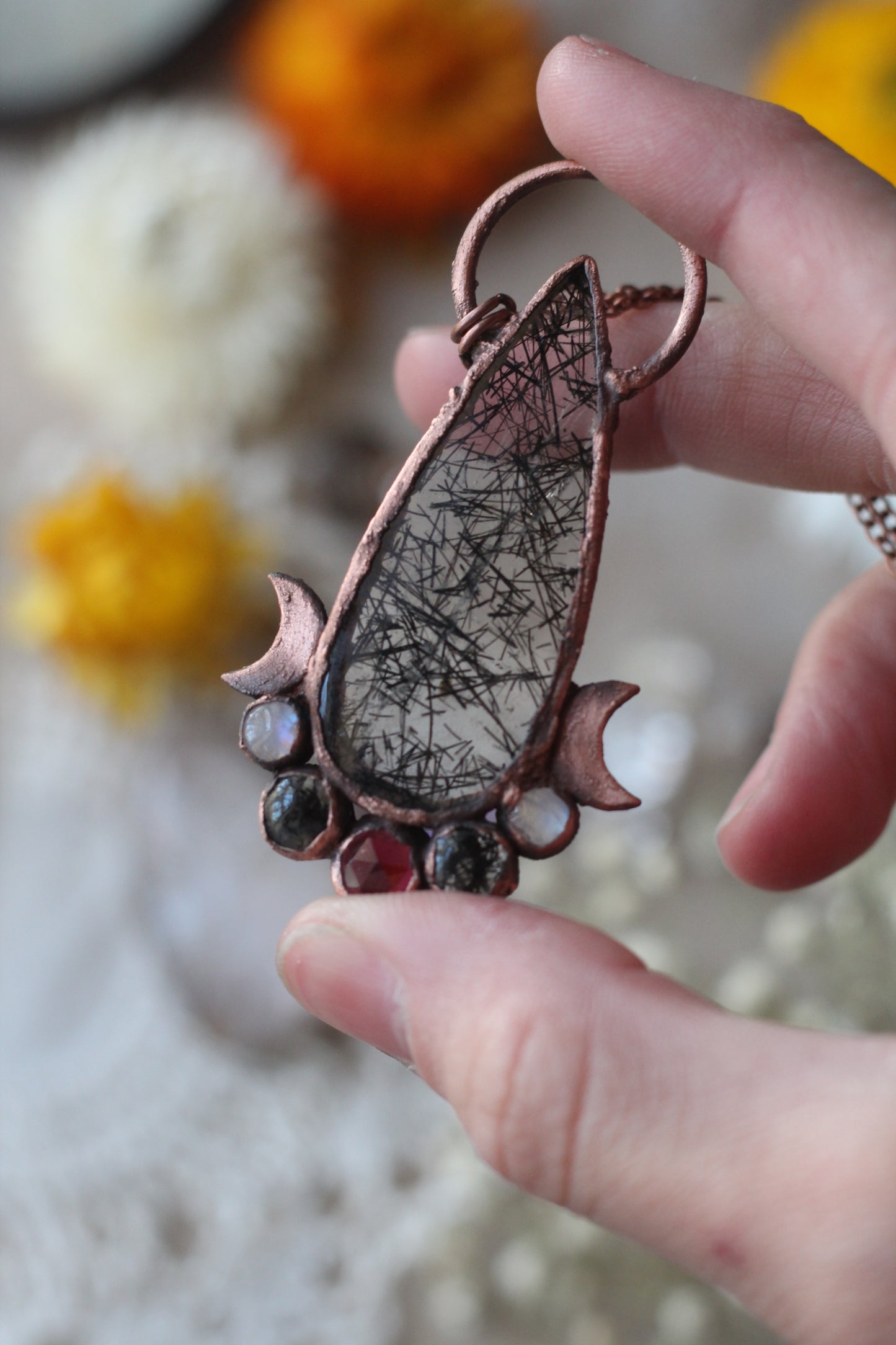 Valor: Tourmalinated Quartz with Garnet and Moonstone Copper Pendant