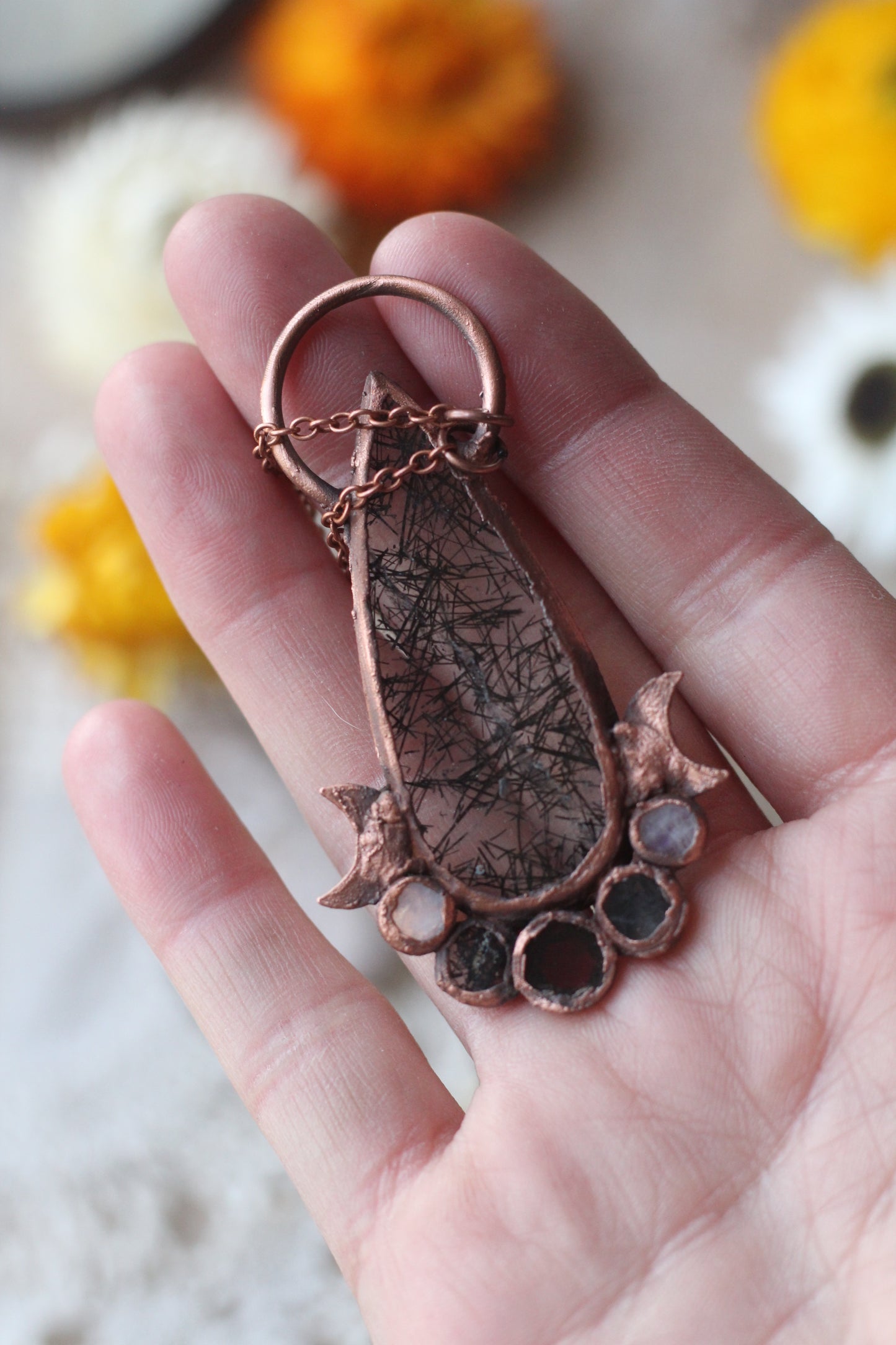 Valor: Tourmalinated Quartz with Garnet and Moonstone Copper Pendant