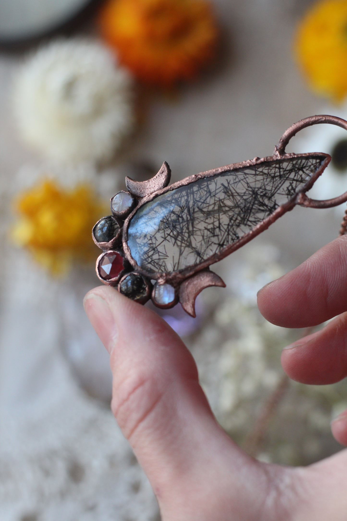 Valor: Tourmalinated Quartz with Garnet and Moonstone Copper Pendant