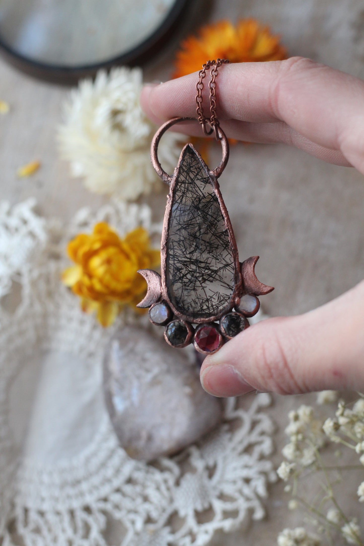 Valor: Tourmalinated Quartz with Garnet and Moonstone Copper Pendant