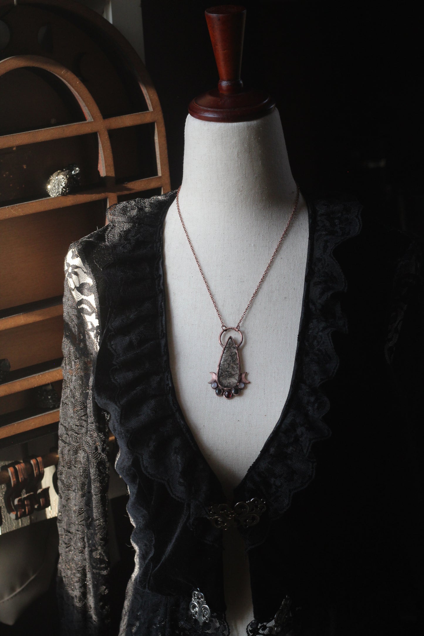 Valor: Tourmalinated Quartz with Garnet and Moonstone Copper Pendant