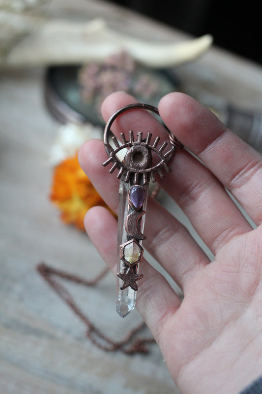 Insight: Lemurian Seed with Amethyst and Citrine Eye Copper Pendant