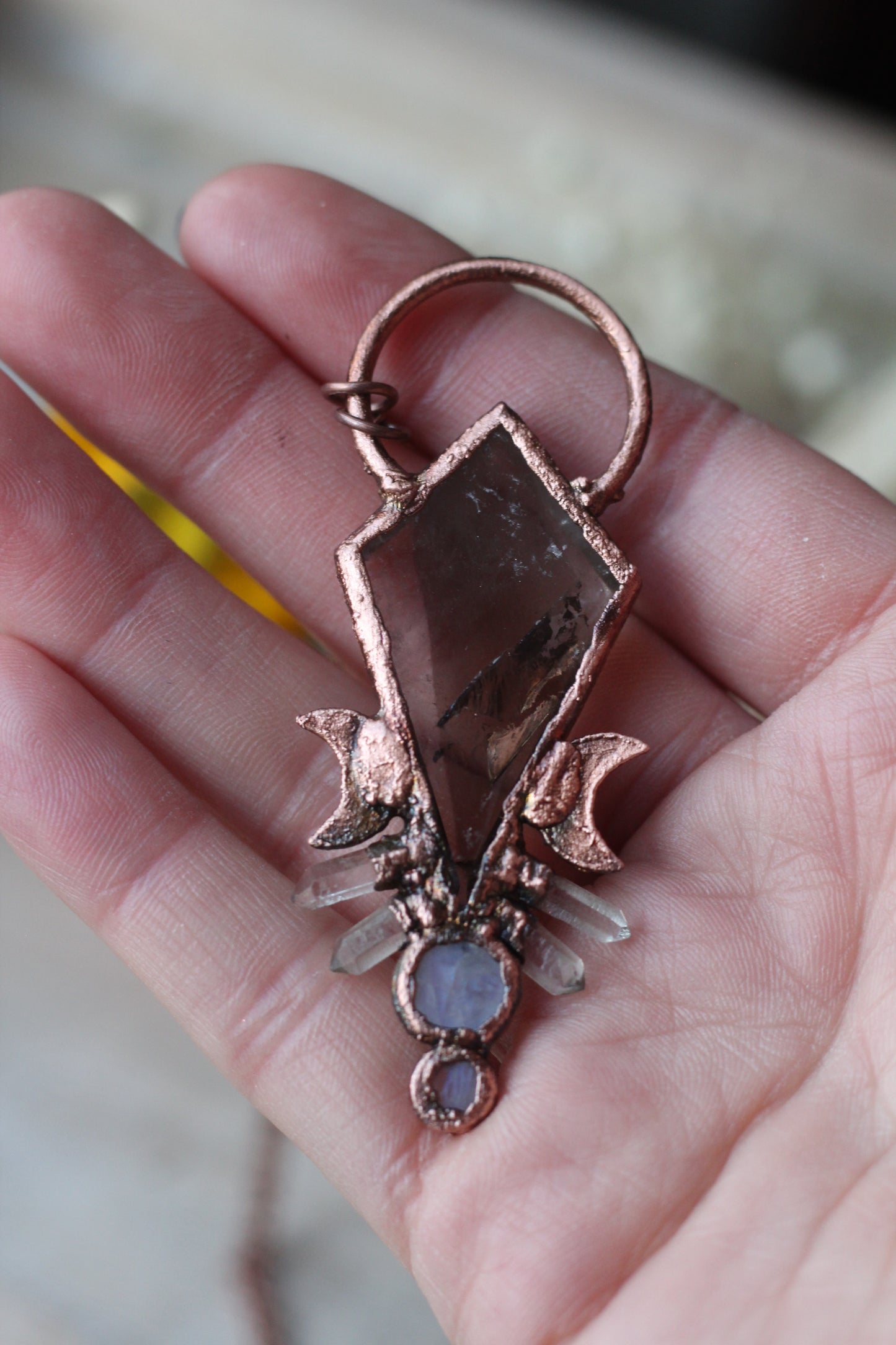 Smokey Quartz with Moonstone and Quartz Copper Pendant