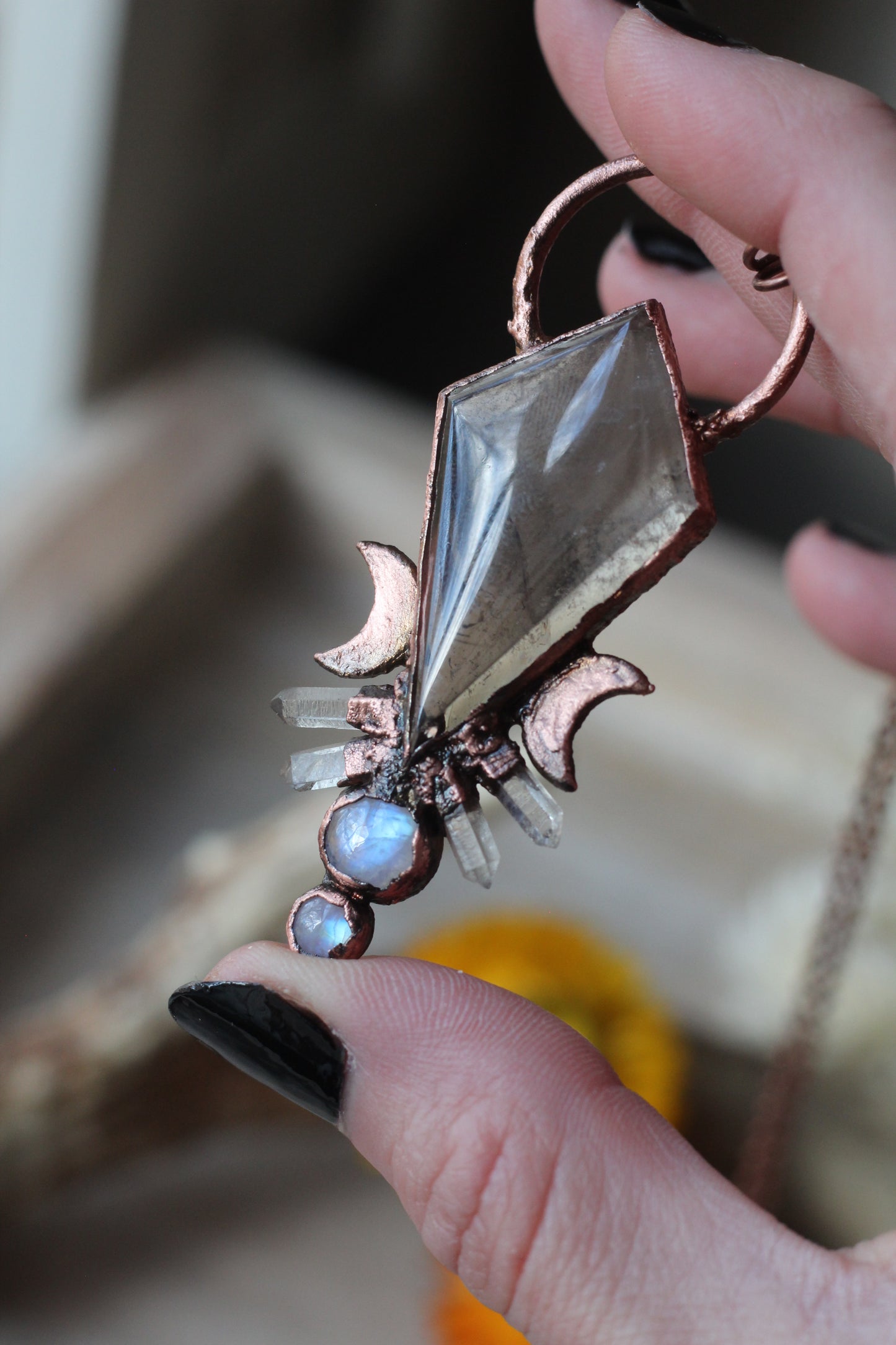 Smokey Quartz with Moonstone and Quartz Copper Pendant