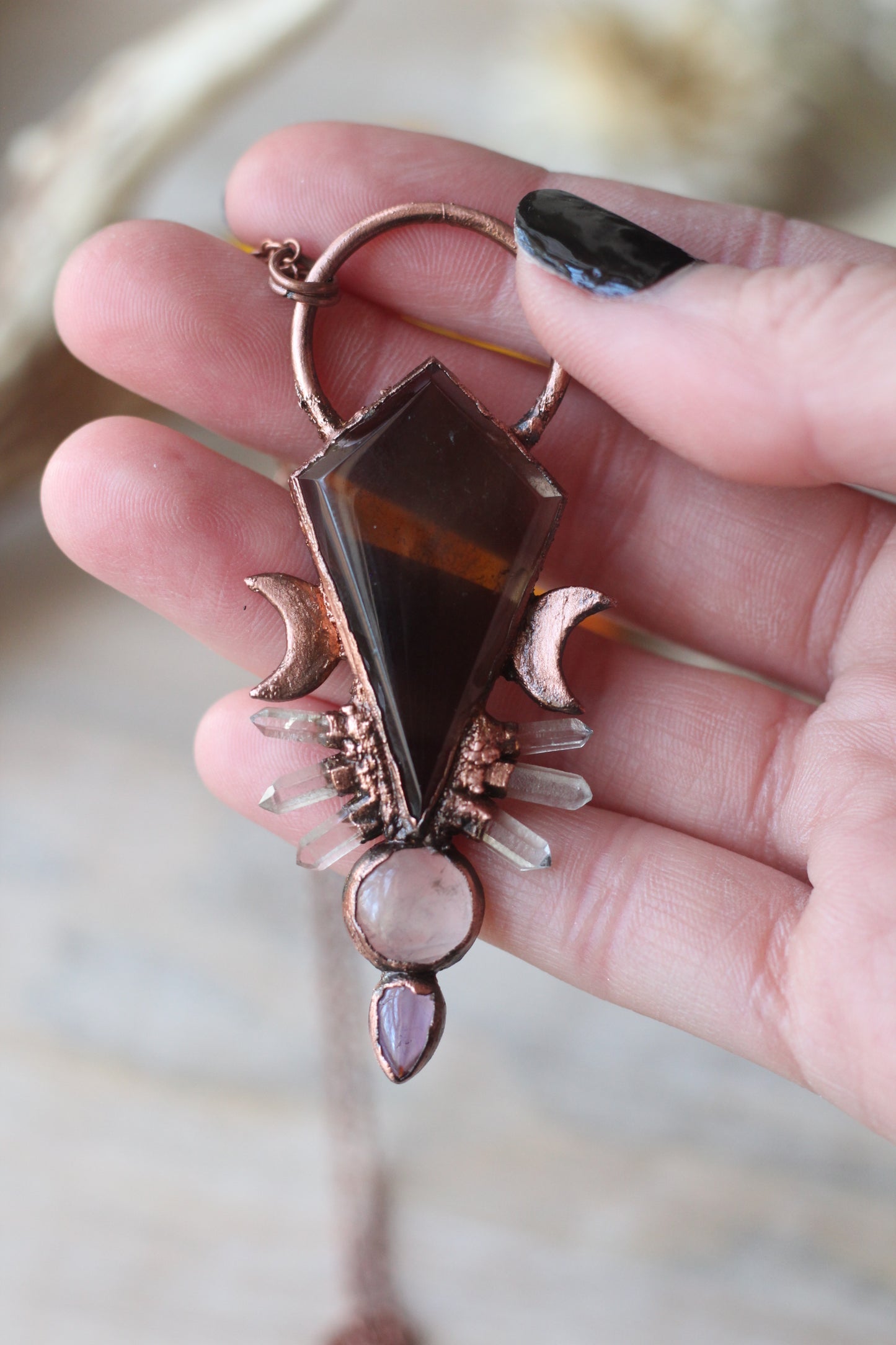 Smokey Quartz with Rose Quartz and Amethyst Copper Pendant
