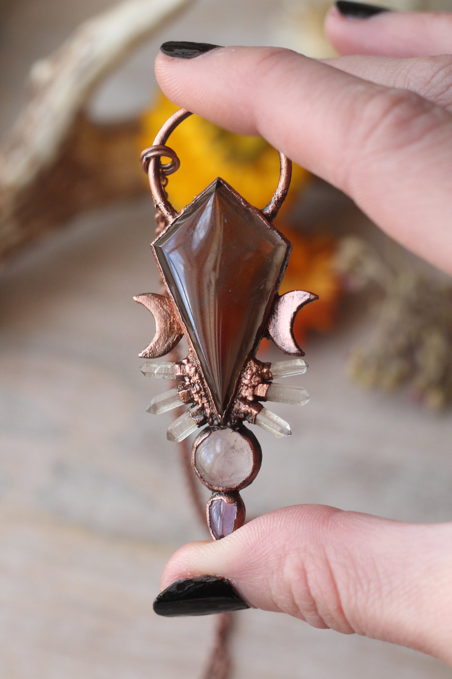Smokey Quartz with Rose Quartz and Amethyst Copper Pendant