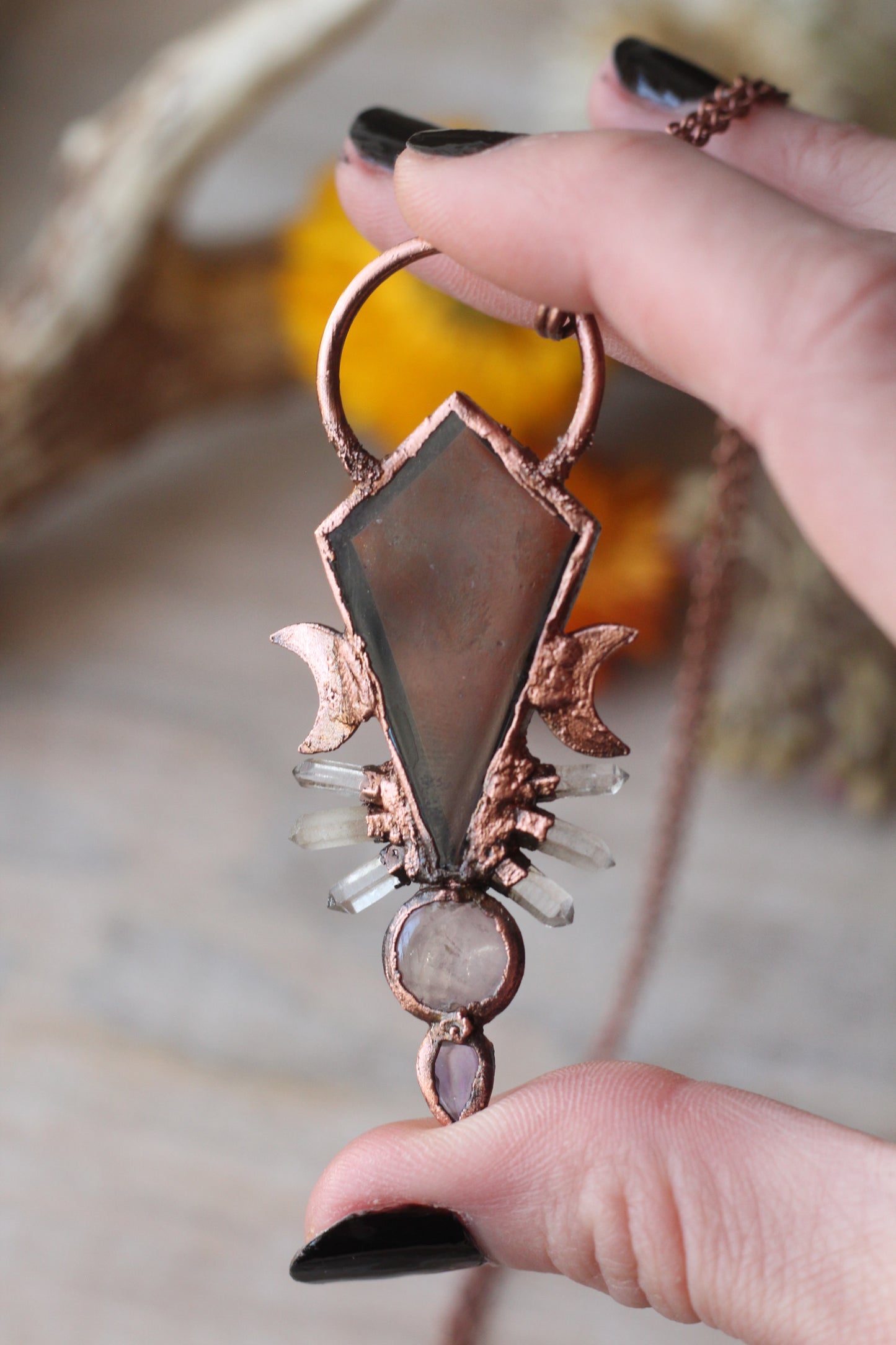 Smokey Quartz with Rose Quartz and Amethyst Copper Pendant