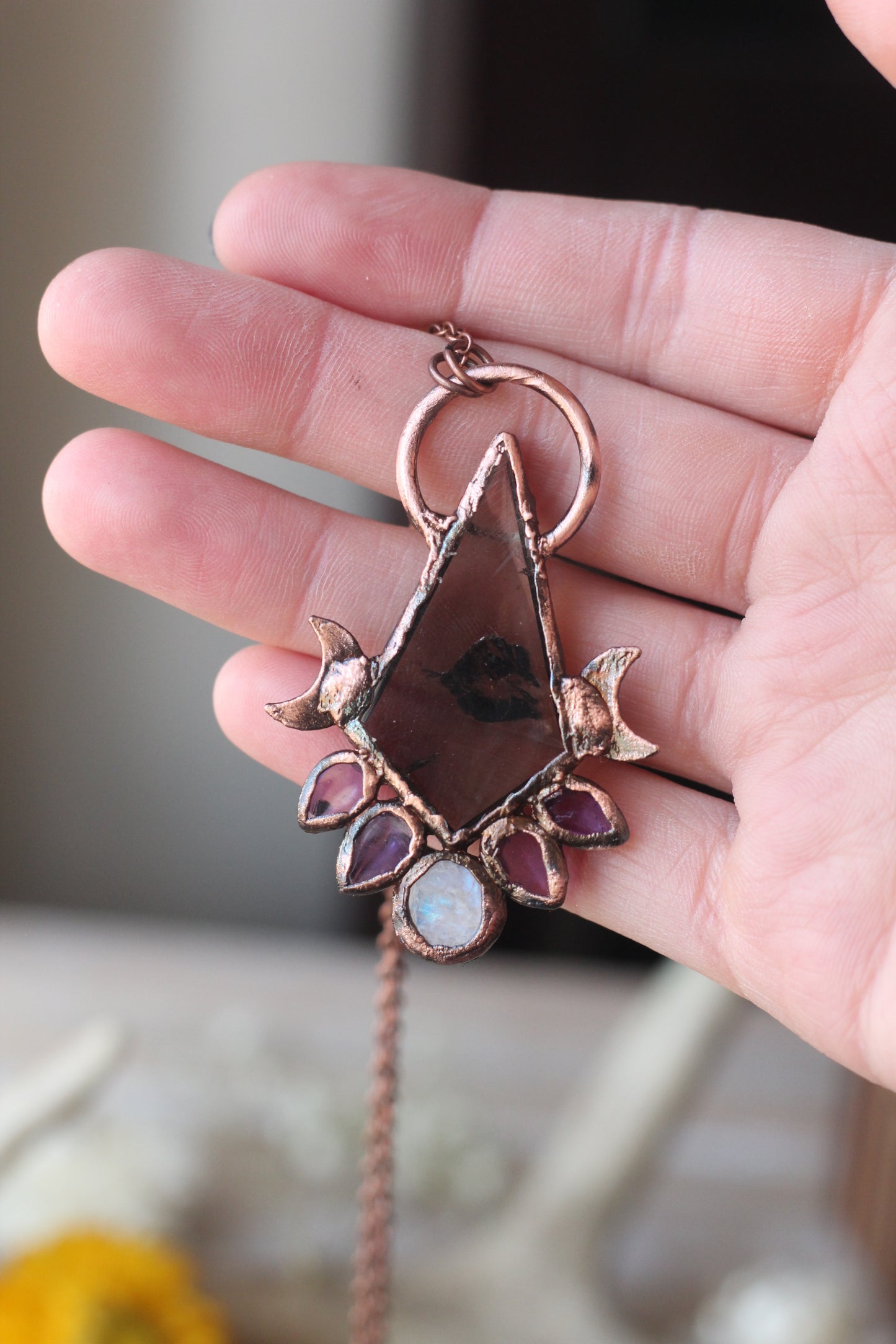Smokey Quartz with Moonstone and Amethyst Copper Pendant