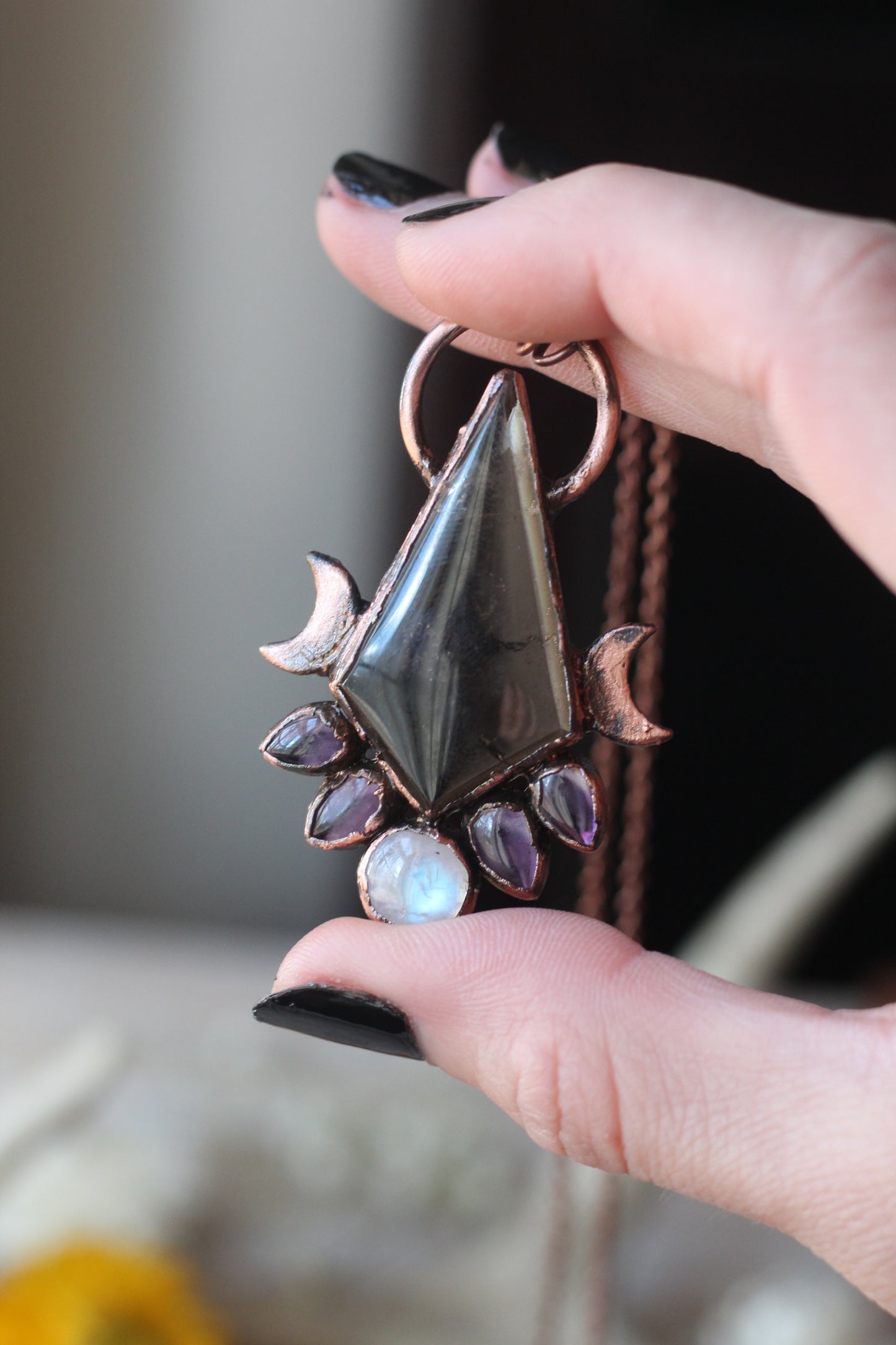 Smokey Quartz with Moonstone and Amethyst Copper Pendant