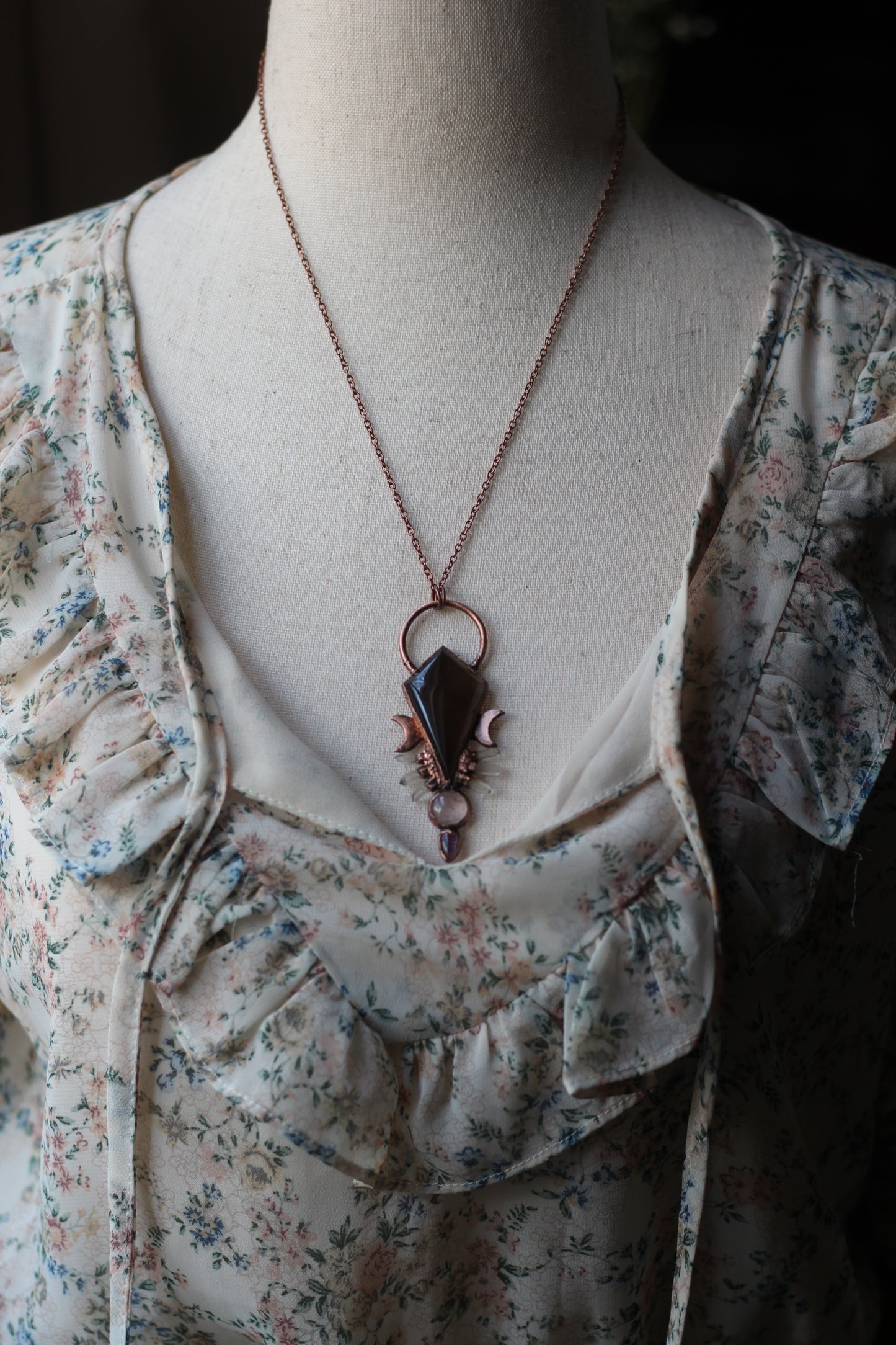 Smokey Quartz with Rose Quartz and Amethyst Copper Pendant
