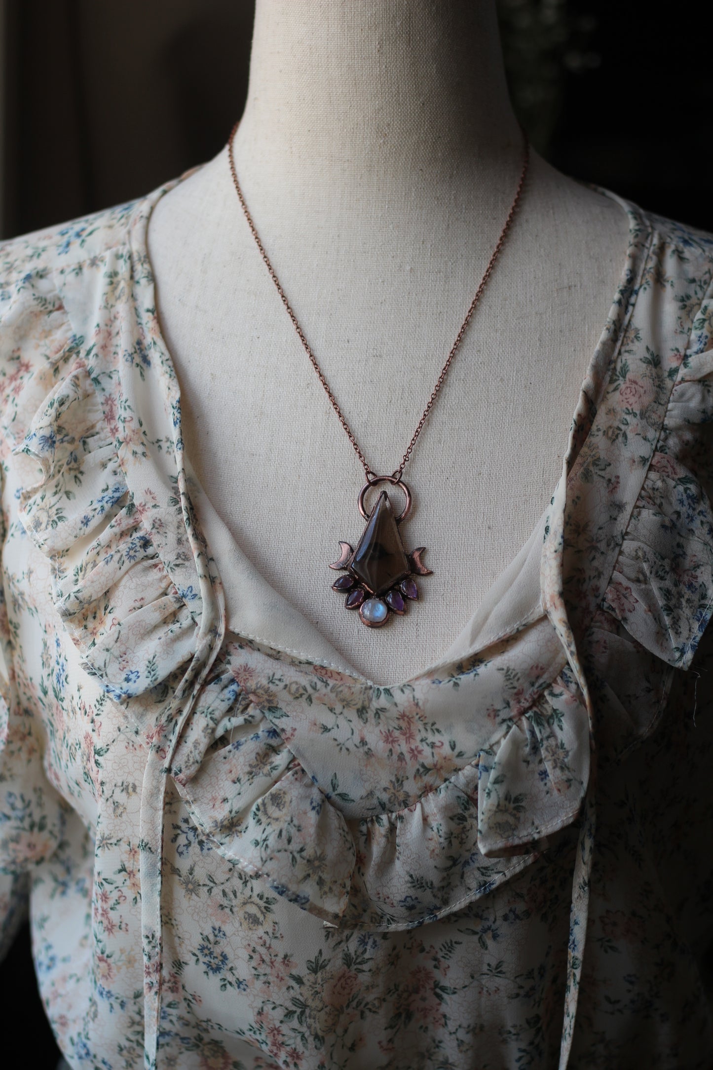 Smokey Quartz with Moonstone and Amethyst Copper Pendant