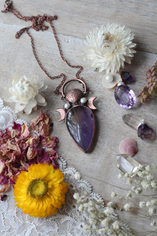 Aphrodite: Ametrine with Pearl and Real Shell Copper Pendant