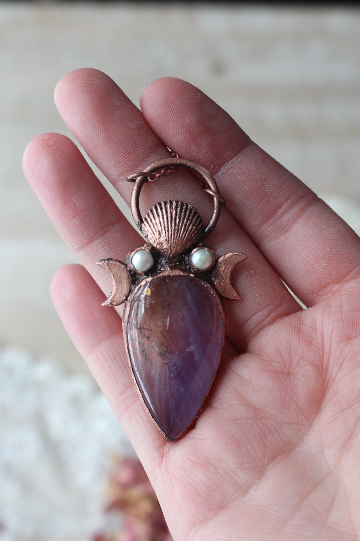 Aphrodite: Ametrine with Pearl and Real Shell Copper Pendant